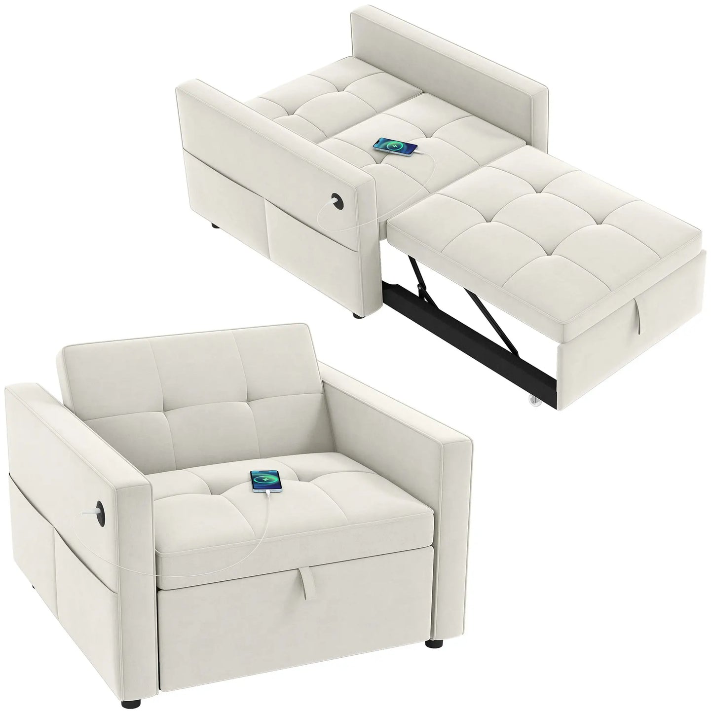 Convertible Chair Bed, Pull Out Sleeper with USB, Adjustable Backrest, Velvet Futon, Cream White Single Sofas at Gallery Canada