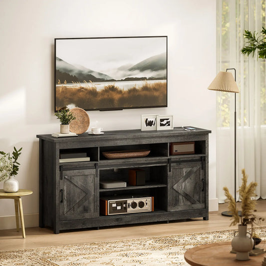 TV Stand For 72 Inch TVs, Power Outlets, Sliding Barn Doors, Dark Grey TV Stands Dark Grey at Gallery Canada