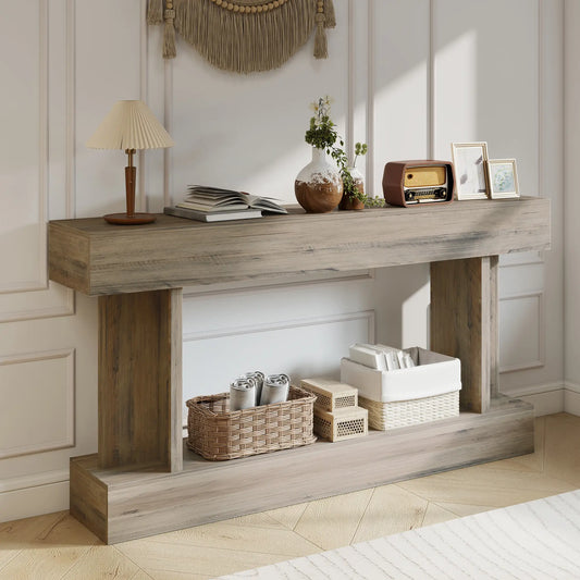 63 Inch Console Table, Vintage Narrow with Storage Shelf, Light Brown Console Tables Light Brown at Gallery Canada