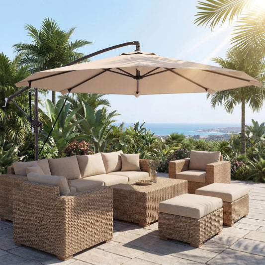 10FT Cantilever Patio Umbrella, 8 Ribs With Cover, Wind Ropes, Khaki Offset Cantilever Umbrellas Khaki, Black at Gallery Canada