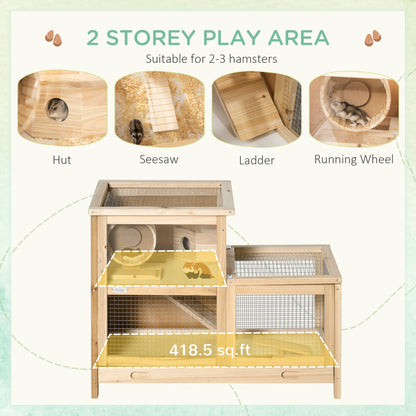Wooden Hamster Cage, Mice Rodent Small Animals Kit Hutch, 2 Tiers Exercise Play House, with Sliding Tray, Ladder, Seesaw, Running Wheel, Openable Roofs, 31" x 16" x 23.5", Natural Wood at Gallery Canada