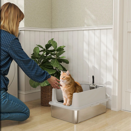 XL Stainless Steel Cat Litter Box, High Wall, Scoop Included, Easy Clean Cat Litter Box Enclosures Silver, Grey at Gallery Canada