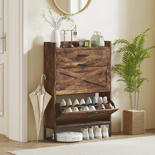 Slim Shoe Storage, 2 Flip Drawers, Adjustable Shelves, 12 Pair, Rustic Brown Shoe Storage Cabinets & Racks Rustic Brown at Gallery Canada