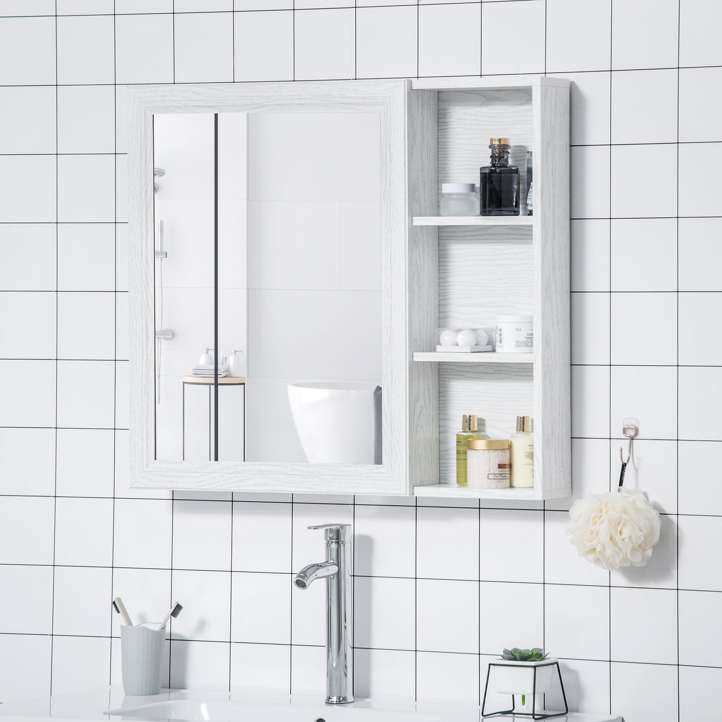 Aluminum Medicine Cabinet with Mirror, 31.5"W x 27.5"H Bathroom Storage Cabinet with 3-tier Shelves, Wall Mounted, White at Gallery Canada