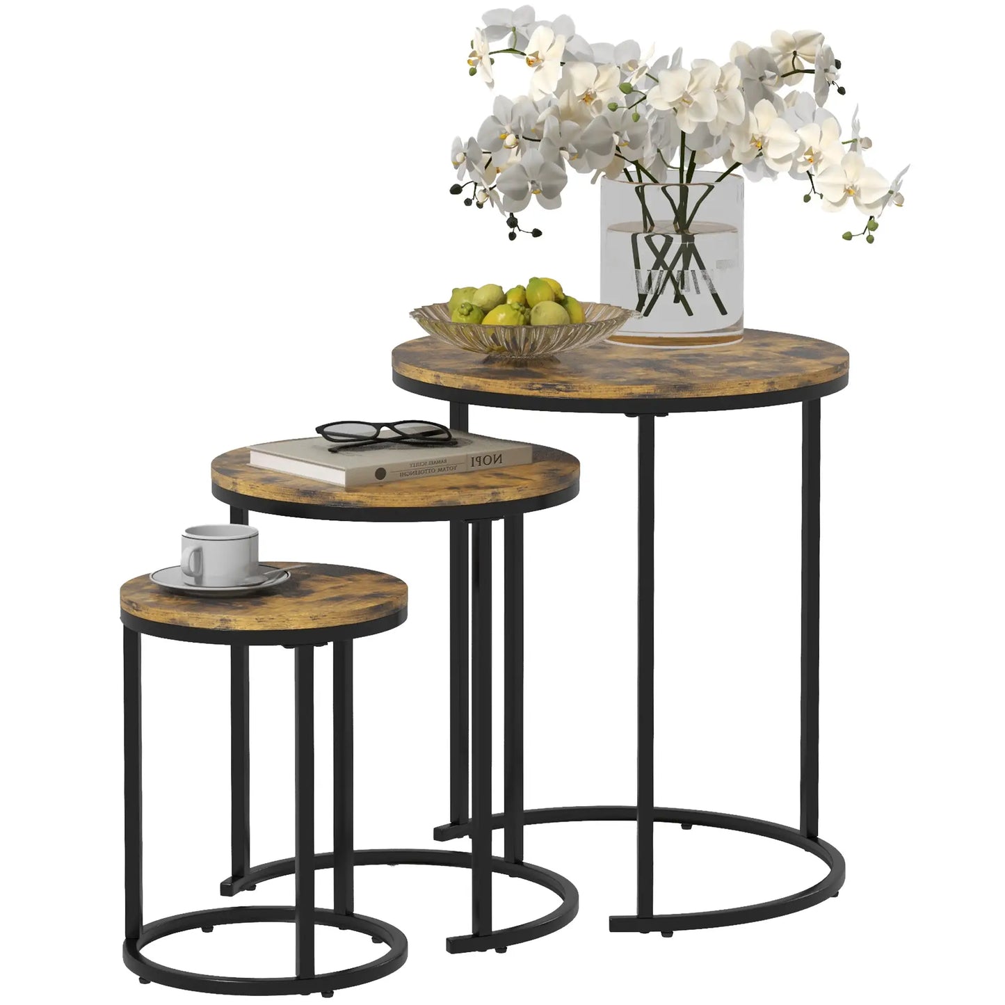 Nesting Coffee Tables Set of 3, Round Side Tables, Steel Frame, Rustic Brown Side Tables at Gallery Canada