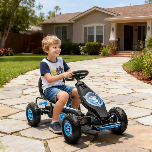 Kids Pedal Go Kart, Adjustable Seat, Rubber Wheels, Hand Brake, Ages 5-12, Blue Pedal Go Karts for Kids Blue, Black at Gallery Canada