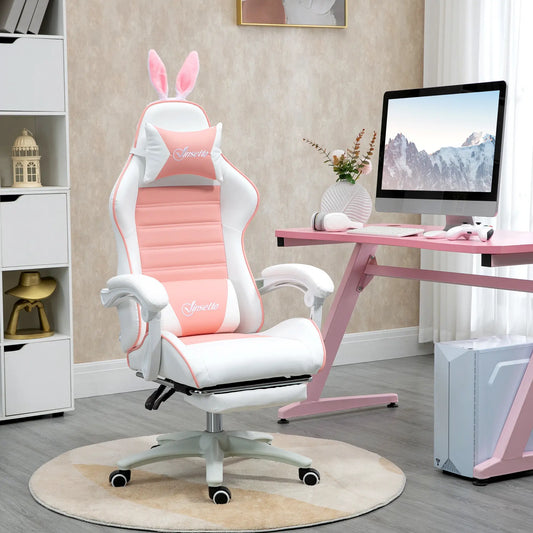 Racing Gamer Chair, PU Leather with Footrest, Headrest, Lumbar Support, Pink