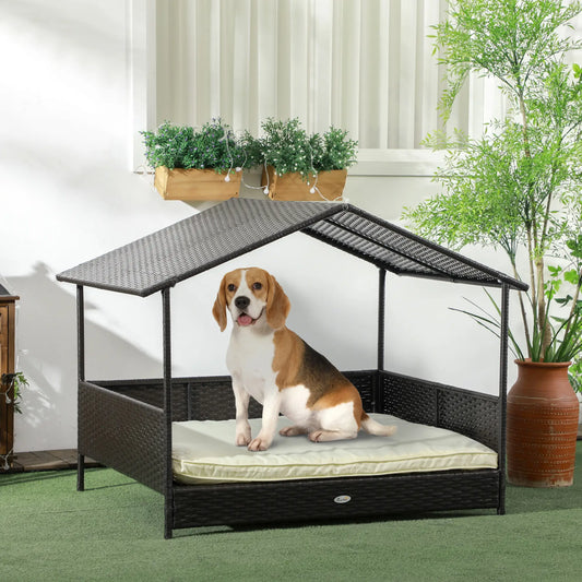 Outdoor Wicker Dog House, Soft Cushion Washable Cover, Medium Large, Cream White Houses, Kennels & Pens Cream White, Dark Brown at Gallery Canada