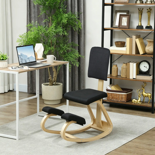 Ergonomic Kneeling Chair, Rocking Wood Stool with Backrest, Black Office Chairs Black at Gallery Canada