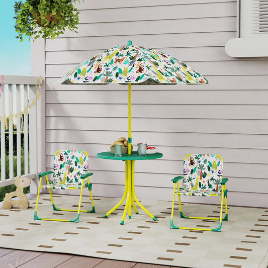 Kids Picnic Table Set, 2 Folding Chairs, Umbrella, Green Kids Outdoor Furniture Green, Yellow, White at Gallery Canada