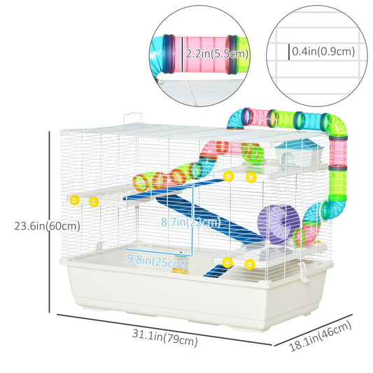31" Large Hamster Cage, Small Animal House, Multi-storey Gerbil Haven, Tunnel Tube System, with Water Bottle, Exercise Wheel, Food Dish, Ramps, White - Gallery Canada