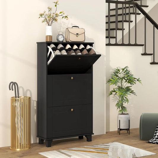 Narrow Shoe Storage, 3 Flip Drawers, Adjustable Shelves, Holds 12 Pairs, Black Shoe Storage Cabinets & Racks Black at Gallery Canada