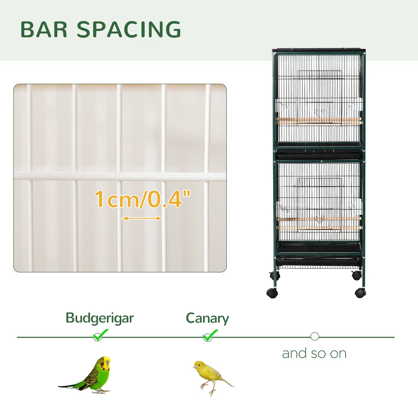 55.1" 2 In 1 Bird Cage Aviary Parakeet House for finches, budgies with Wheels, Slide-out Trays, Wood Perch, Green at Gallery Canada