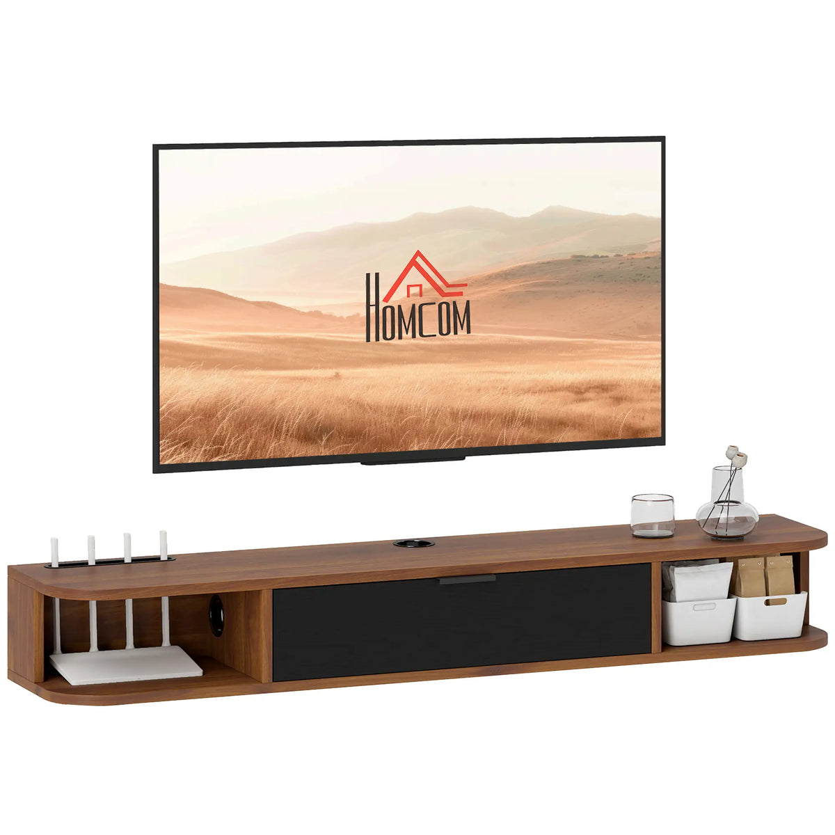 47 Inch Floating TV Stand, Wall Mounted Media Console, Flip Drawer, 2 Open Shelves, Walnut TV Stands at Gallery Canada