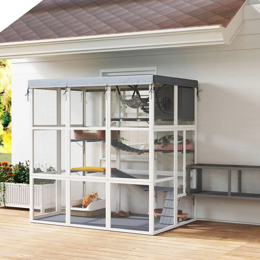 71" Catio Outdoor Cat Enclosure, Weatherproof Tarp, Hammock, Condo, Platforms Outdoor Cat Enclosures Grey, White at Gallery Canada
