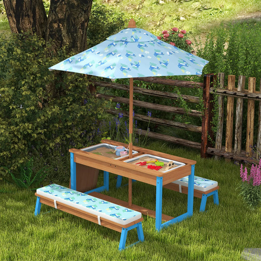 Kids Picnic Table Bench Set with Umbrella, Cushions, Boxes, Dinosaur Theme, Blue Kids Outdoor Furniture Blue, Natural at Gallery Canada