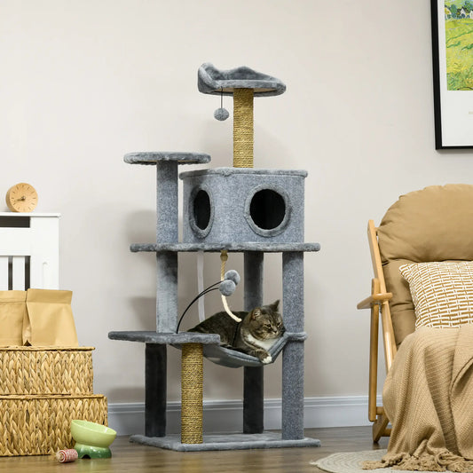 54" Cat Tree for Large Cats, Hammock, Scratching Post, Condo, Grey