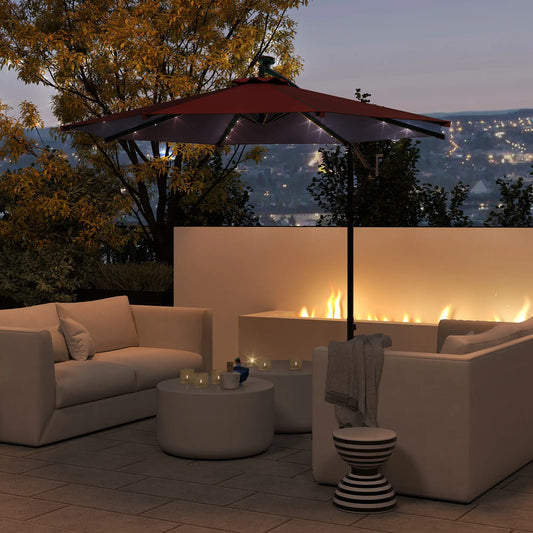10ft Banana Umbrella, Solar Lights, Adjustable Angle, Wine Red