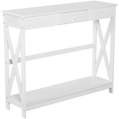 Console Table, Narrow Entryway Table with Drawer Storage Shelf and X-frame for Hallway for Living Room, White