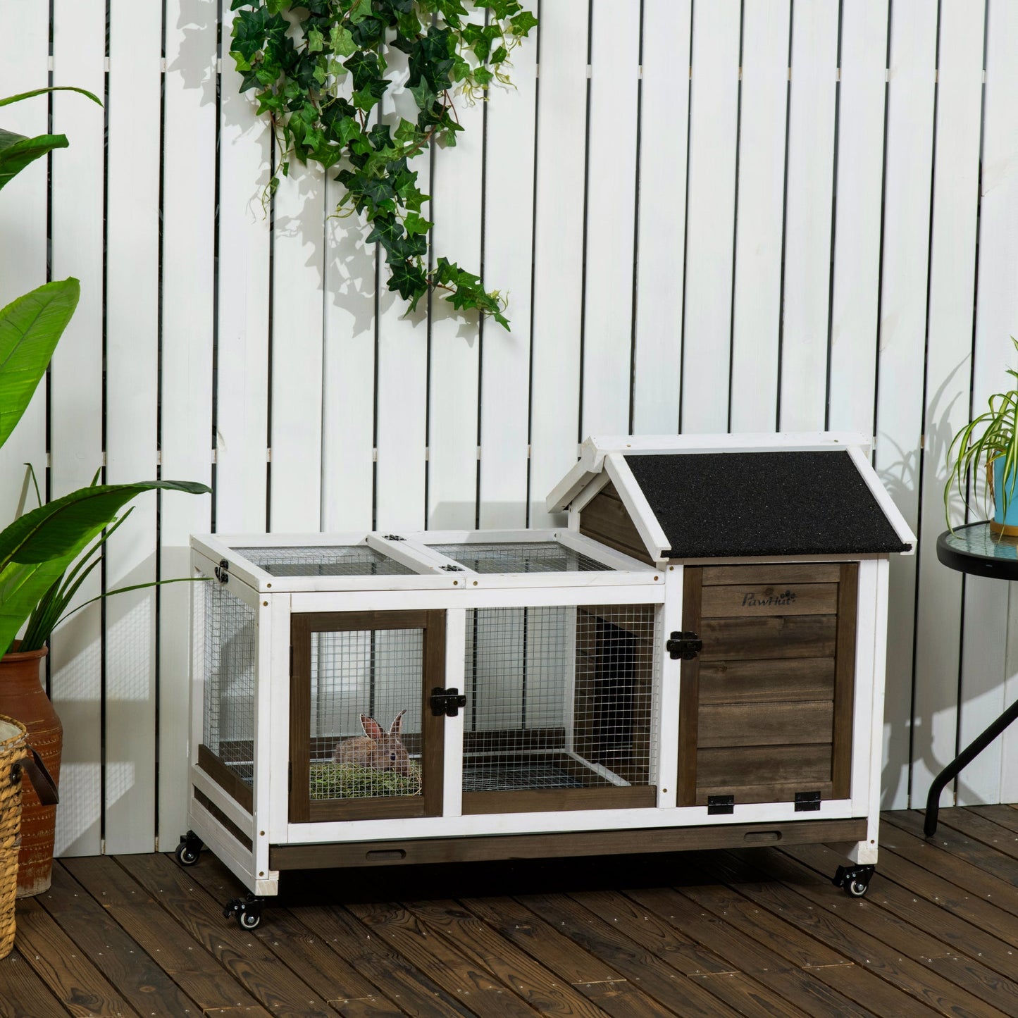 Rabbit Cage with Wheels, Ramp, Run, Tray for Indoor Outdoor, Suitable for Rabbit, Guinea Pig, Coffee at Gallery Canada