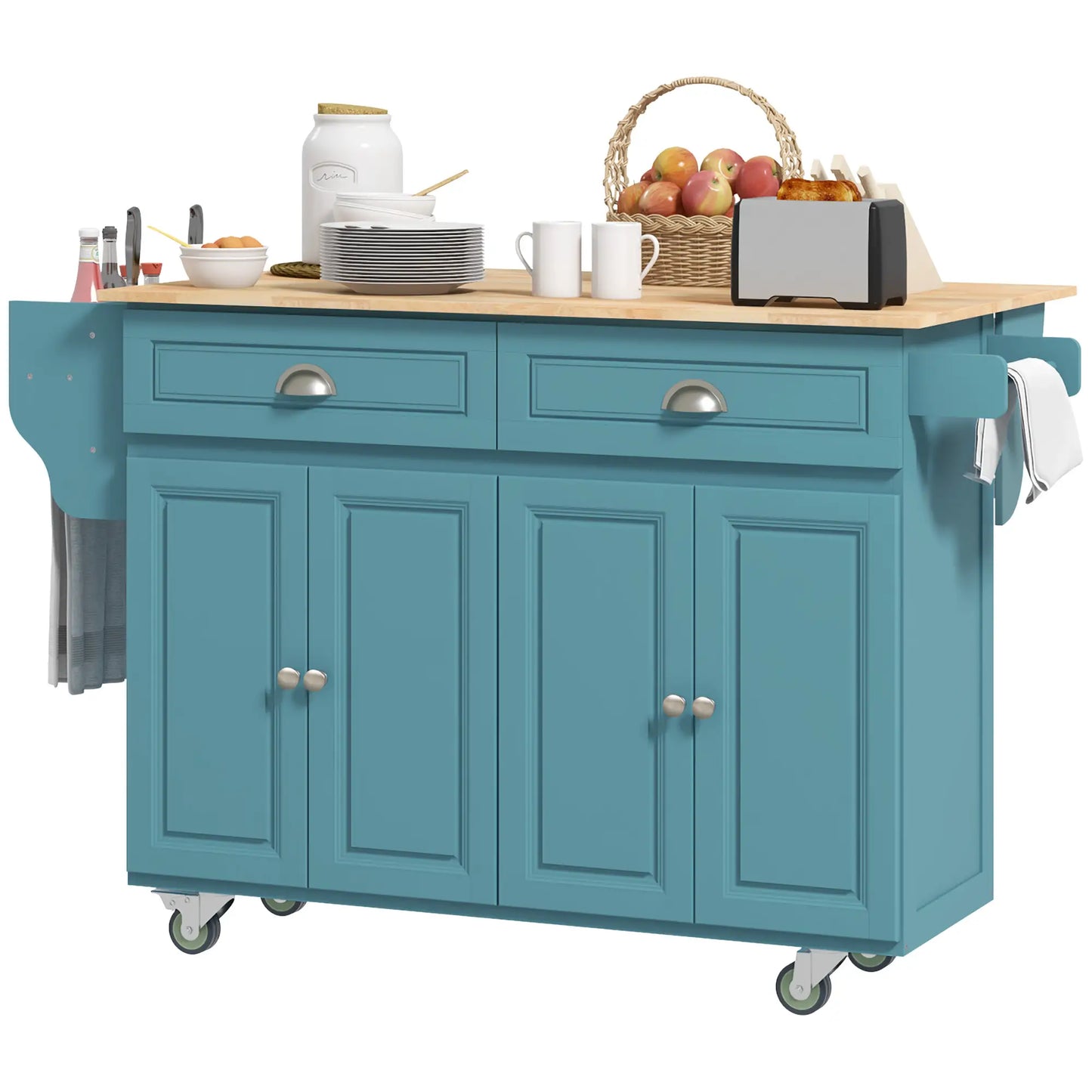 Rolling Kitchen Island with Storage, Drop Leaf, Rubber Wood Top, Light Blue Kitchen Islands & Kitchen Carts at Gallery Canada