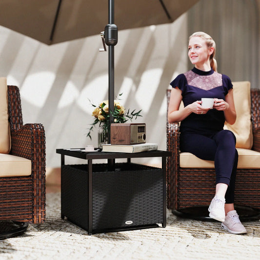 21.75" Outdoor Rattan Coffee Table, Umbrella Hole, Black Patio Side Tables Black at Gallery Canada