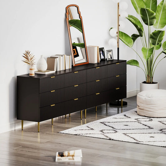 Modern 6 Drawer Dresser, with Gold Legs, Bedroom Chest, Black