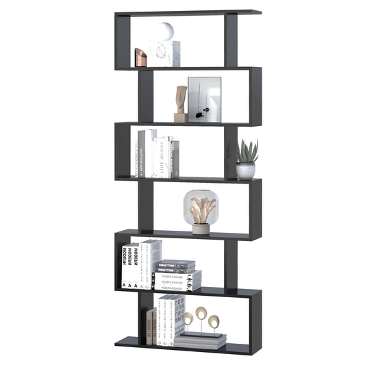 76" 6-Tier Wooden Bookcase S Shaped Storage Display Shelf Modern Bookshelf Open Concept Living Room Home Office Furniture, Black at Gallery Canada
