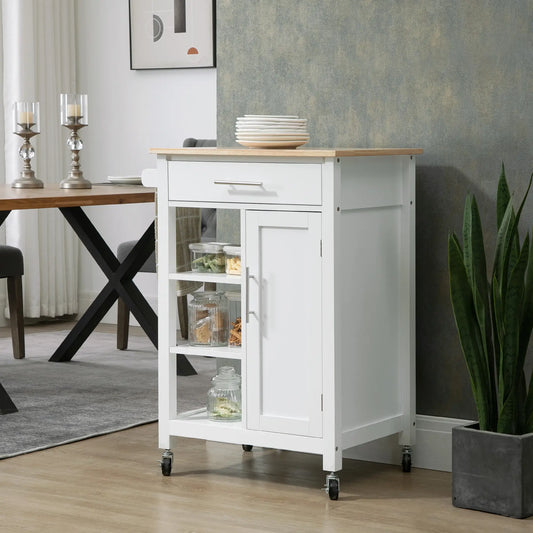 Compact Kitchen Cart on Wheels, Open Shelf, Storage Drawer, White Kitchen Islands & Kitchen Carts White at Gallery Canada