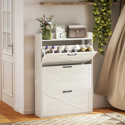 Narrow Shoe Storage Cabinet, 3 Flip Drawers, Adjustable Shelves, White Oak Shoe Storage Cabinets & Racks White Oak at Gallery Canada