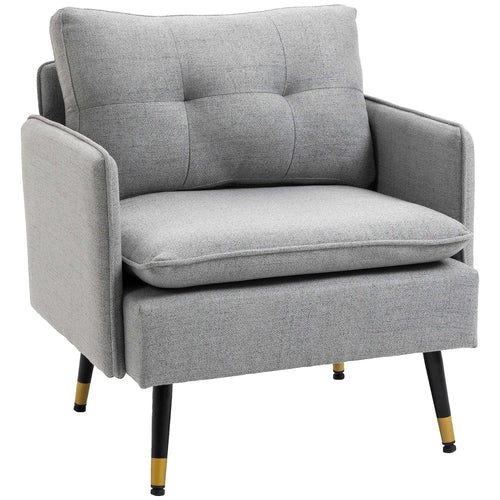 Accent Chair with Cushioned Seat and Back, Upholstered Fabric Armchair for Bedroom, Button Tufted Living Room Chair with Arms and Steel Legs, Grey