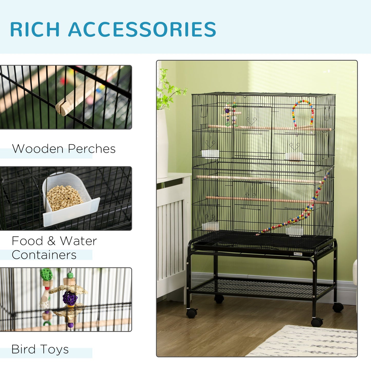 52" Bird Cage for Budgies Cockatiels Canaries Lovebirds Finches with Rolling Stand, Toys, Removable Tray, Storage Shelf at Gallery Canada