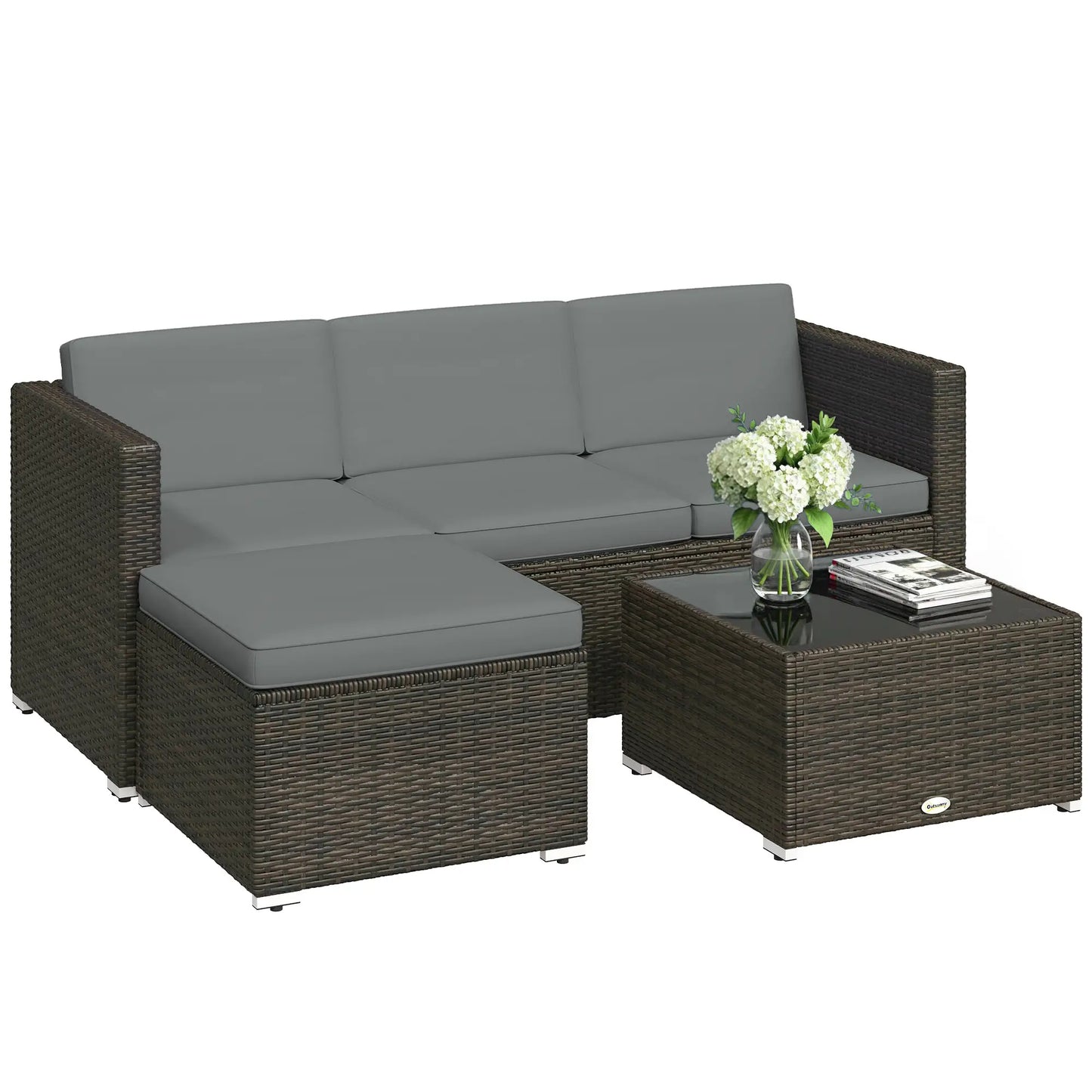 3-Piece Patio Furniture Set With Cushions, Outdoor Rattan Sofa With Glass Table Patio Furniture Sets at Gallery Canada