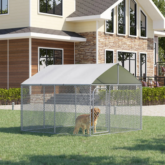 Outdoor Dog Kennel With Roof, Waterproof UV-Resistant Cover, Secure Lock, 7.5' x 7.5' x 5.7' Houses, Kennels & Pens Silver at Gallery Canada