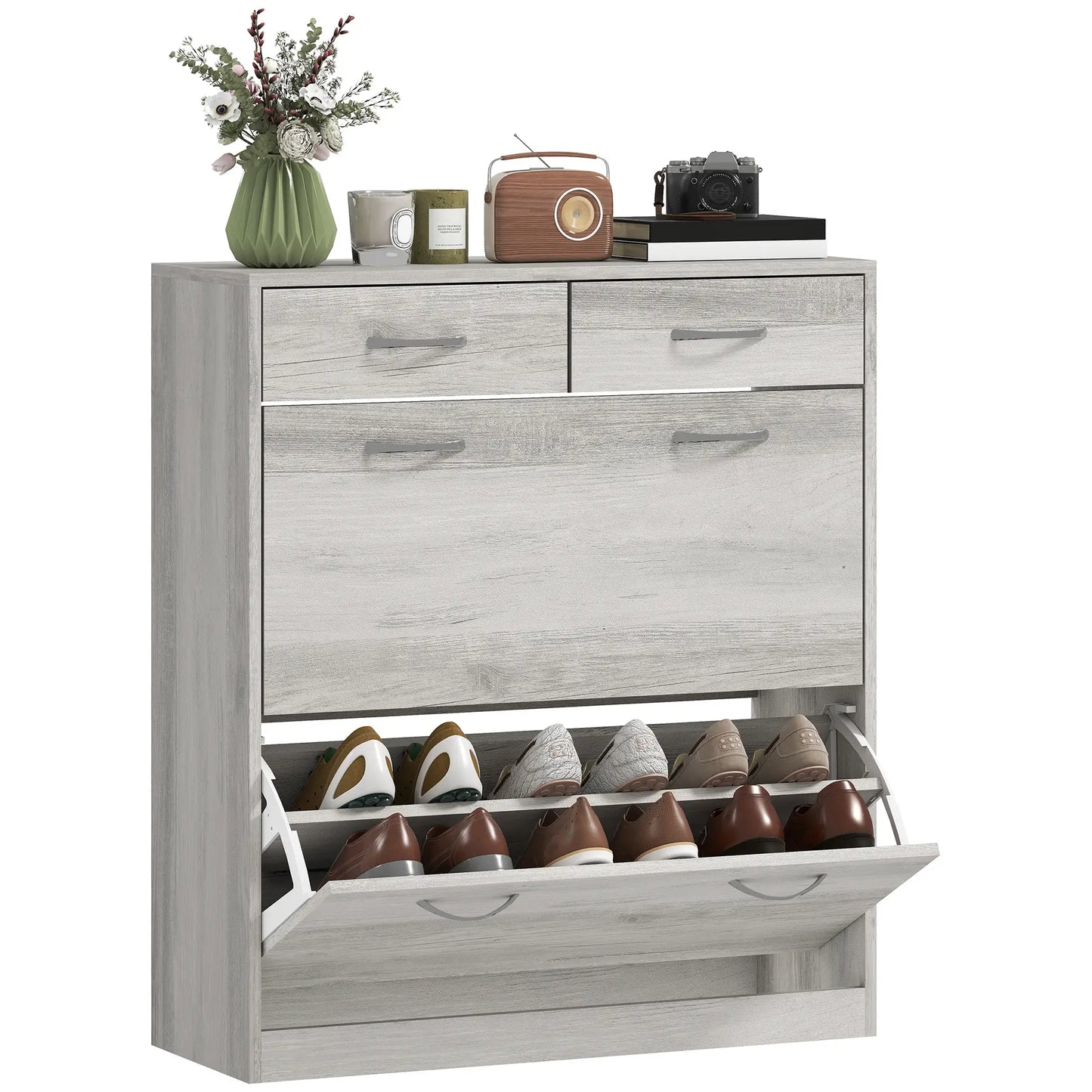 Rangement étroit pour chaussures, 2 tiroirs à rabat, étagères réglables, 12 paires, gris