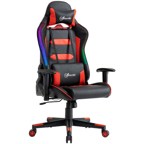 Racing Office Chair with RGB LED Light, Gaming Desk Chair with Lumbar Support, High Back PU Leather Swivel Computer Recliner, Tilt, Black and Red