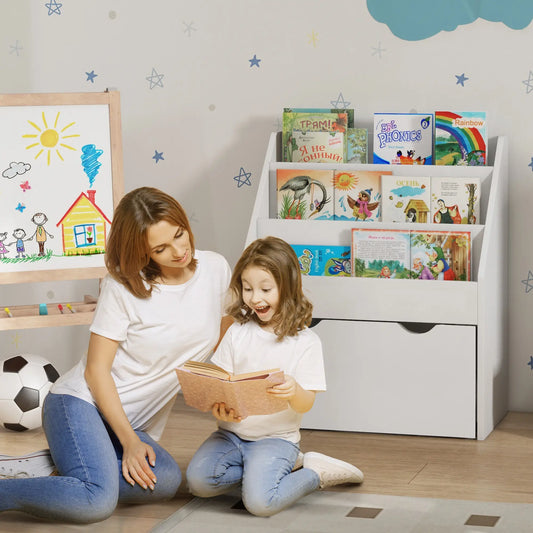 Kids Bookshelf, 3 Tier Display Shelves, Drawer, White Baby & Kids Storage White at Gallery Canada