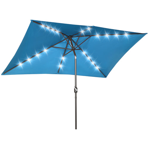 6.5x10ft Patio Umbrella Rectangle Solar Powered Tilt Aluminum Outdoor Market Parasol with LEDs Crank (Turquoise)