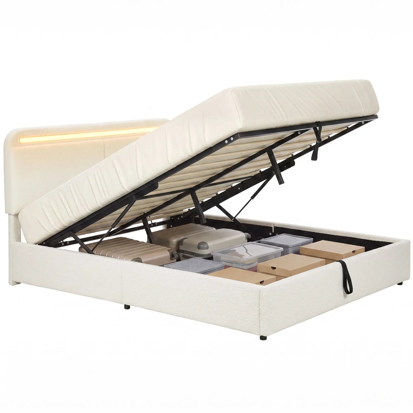 Queen Bed Frame with Charging Station, LED Lights, Adjustable Headboard, White Bed Frames at Gallery Canada