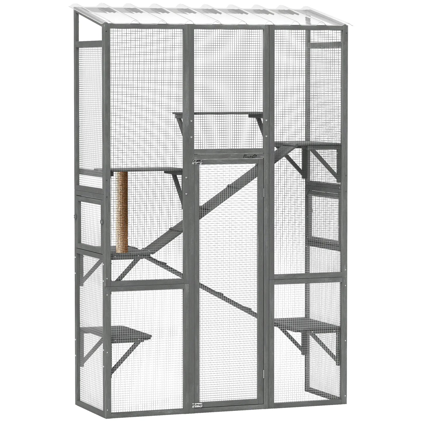 Wooden Catio Outdoor Cat Enclosure, 6 Jumping Platforms, Scratching Post, 2 Ramps, Waterproof Roof, Grey Outdoor Cat Enclosures at Gallery Canada