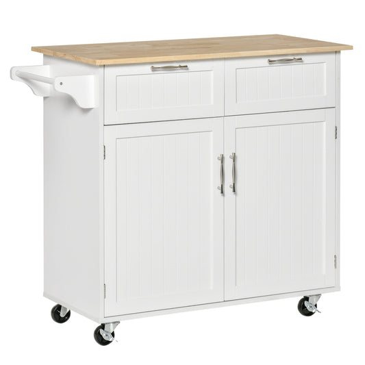 Rolling Kitchen Island with Storage Drawers, Kitchen Cart with Rubber Wood Top, Cabinet &; Towel Rack, White - Gallery Canada