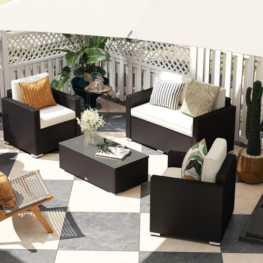 4-Piece Sectional Patio Set, Rattan Wicker Chairs with Cushions, Cream White Patio Furniture Sets Black Rattan, Beige Cushion at Gallery Canada