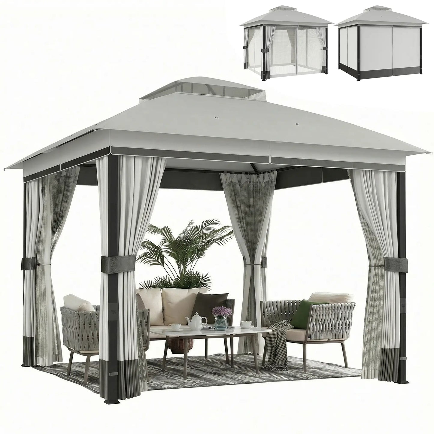 10' x 10' Light Grey Patio Gazebo, UPF50+ Double Roof With Netting, Light Grey Gazebos at Gallery Canada