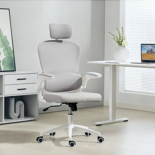 Ergonomic Mesh Office Chair, High Back, Rotatable Headrest, Flip-Up Armrests, Lumbar Support, Grey Task Chairs Grey, White at Gallery Canada