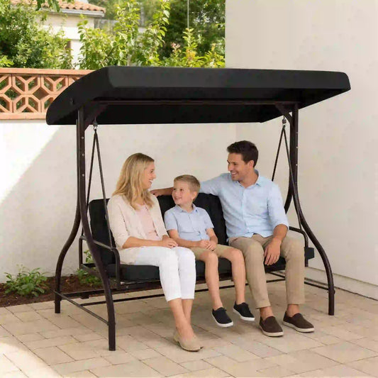 Convertible Patio Swing Bed With Canopy, Cushions, 3 Seater, Black Patio Swings with Stand Black at Gallery Canada