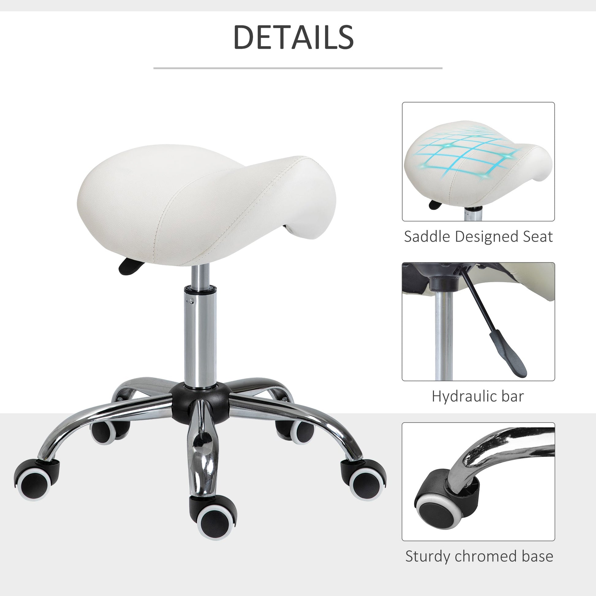 Adjustable Hydraulic Rolling Salon Stool Swivel Saddle Chair Spa Beauty Seat PU Leather, Cream White at Gallery Canada