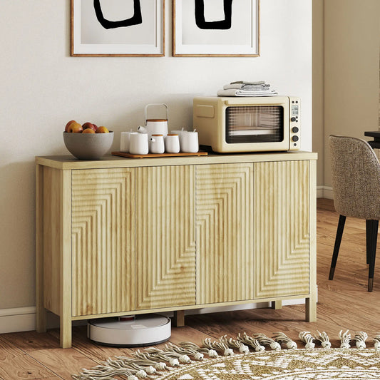 47 Inch Buffet Cabinet, Fluted Sideboard, Push Open, 2 Shelves, 4 Doors, Natural Bar Cabinets Natural at Gallery Canada