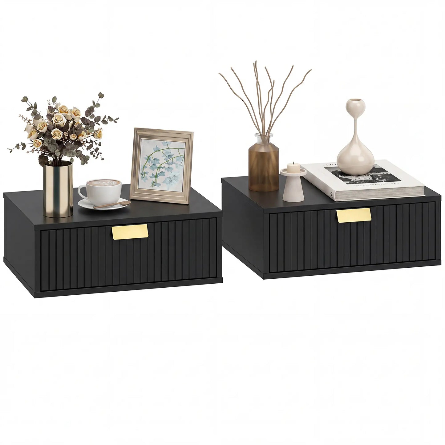 Modern Floating Nightstands, Set of 2, Wall Mounted, Wave Drawer, Black Bedside Tables at Gallery Canada