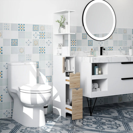 Tall Bathroom Storage Cabinet, Narrow Bathroom Cabinet with Drawers and Open Shelves for Small Spaces, Natural Wood Freestanding Bathroom Cabinets Natural Wood, White at Gallery Canada