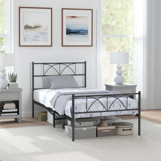 Metal Twin Bed Frame with Headboard, Steel Slat Support, Underbed Storage Bed Frames Black at Gallery Canada